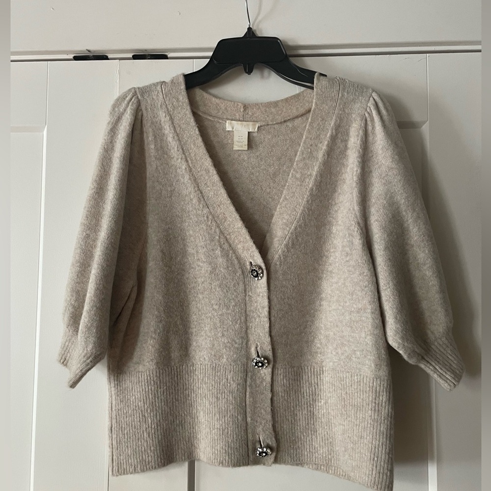 Oatmeal V-Neck Puff Sleeve Sweater w/ Jewel Buttons - Size M